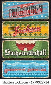 Germany Sachsen Anhalt, Thuringen and Schleswig Holstein metal plates, vector. German land states and city entry welcome rusty tin signs or grunge vintage banners with emblem flags and taglines