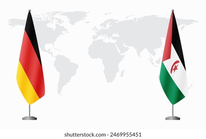 Germany and Sahrawi Arab Democratic Republic flags for official meeting against background of world map.