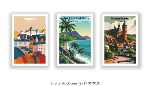 Saarbrücken, Germany, Saint Kitts And Nevis, Caribbean, Salzburg, Austria - Vintage travel poster. Vector illustration