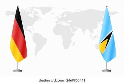Banderas de Alemania y Santa Lucía para reunión oficial contra fondo de mapa mundial.