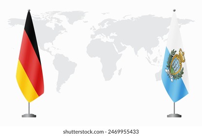 Germany and San Marino flags for official meeting against background of world map.