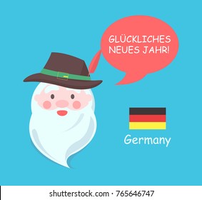 Germany Santa Claus poster with translation of happy New Year phrase in German, flag and elderly man with beard and hat, vector illustration