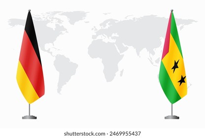 Germany and Sao Tome and Principe flags for official meeting against background of world map.