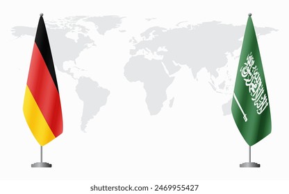 Germany and Saudi Arabia flags for official meeting against background of world map.