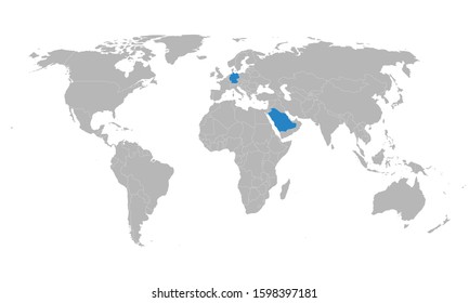 Germany, saudi arabia map marked blue on world map vector. Gray background. Perfect for backgrounds, backdrop, business concepts, presentation, charts and wallpapers. Foreign, trade relations