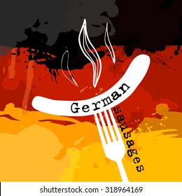 Germany Sausage. Germany banger. Sausage on a fork. Traditional delicacy in color of  flag. Vector illustration. Ppresent German quality.vector 