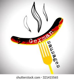 Germany Sausage. Germany banger. Sausage on a fork. Traditional delicacy in color of  flag. 