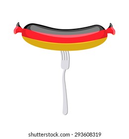 Germany Sausage. German banger. banger on fork. Traditional delicacy in color of  flag. Vector illustration. Ppresent quality. 