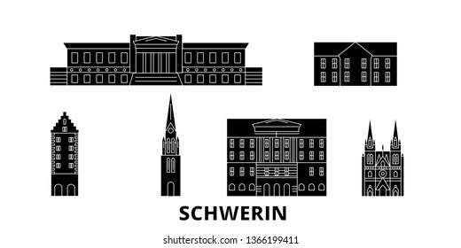 Germany, Schwerin flat travel skyline set. Germany, Schwerin black city vector illustration, symbol, travel sights, landmarks.