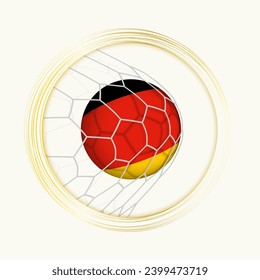 Deutschland schießt Tor, abstraktes Fußball-Symbol mit Abbildung des deutschen Balles im Fußballnetz. Vektorsportgrafik.