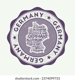 Germany seal. Country round logo with shape of Germany and country name in multiple languages word cloud. Awesome emblem. Attractive vector illustration.