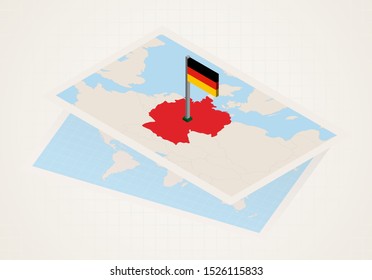 Germany selected on map with isometric flag of Germany. Vector paper map.