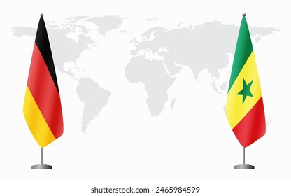 Germany and Senegal flags for official meeting against background of world map.