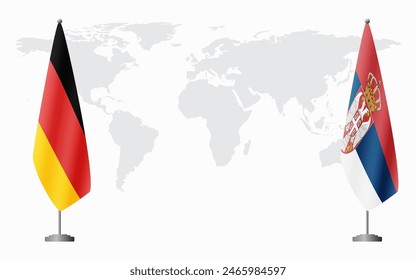 Germany and Serbia flags for official meeting against background of world map.