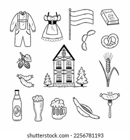 Germany. Set doodle icons for Oktoberfest. Bavarian traditional clothing. Sketch. Hand drawn illustration. Beer and sausages.