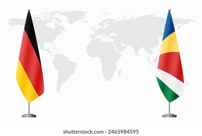 Germany and Seychelles flags for official meeting against background of world map.