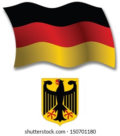 germany shadowed textured wavy flag and coat of arms against white background, vector art illustration, image contains transparency transparency