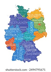 Forma Alemania. Nube de palabras de Country con división regional. Ilustración coloreada de Alemania. Nube de nombres de región. Ilustración vectorial.