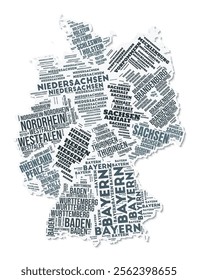 Germany shape text cloud. Country border with shadow on white background. Germany with regions division in vintage gazette style. Elegant vector illustration.