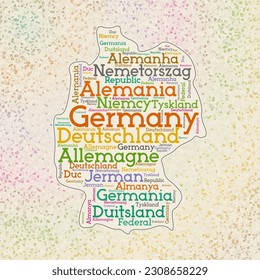 Germany shape whith country names word cloud in multiple languages. Germany border map on astonishing triangles scattered around. Classy vector illustration.
