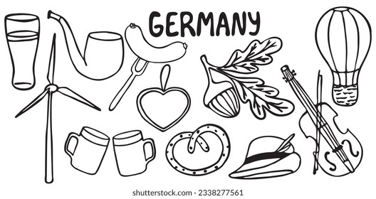 Germany sights. Vector illustration. Eps. Doodle collection. Beer in a glass, pretzel, Tyrolean hat, violin, acorn, balloon, sausage, Oktoberfest, smoking pipe. Isolated on a white background.