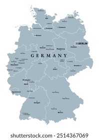 Alemanha, silhueta, um país da Europa Central com capital Berlim, mapa político cinza. República Federal da Alemanha com 16 estados constituintes, capitais e maiores cidades. Ilustração isolada.