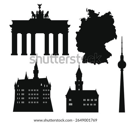 Germany silhouette vector collection featuring iconic landmarks and symbols, including Brandenburg Gate, Berlin TV Tower, famous German castles, and country map.