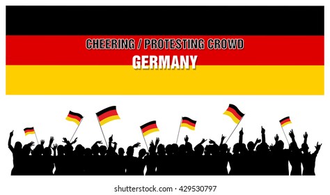 Germany silhouettes of cheering or protesting crowd of people with German flags and banners.