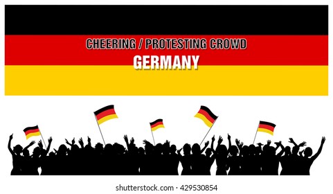 Germany silhouettes of cheering or protesting crowd of people with German flags and banners.