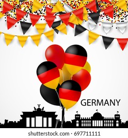 Germany Skyline Silhouette Architecture Buildings. Balloons with Flags, Buntings, Serpentine in National Colors.Vector Illustration