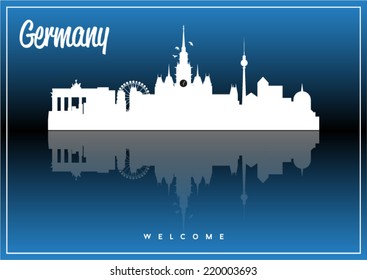 Germany, skyline silhouette vector design on parliament blue and black background.