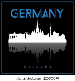 Germany, skyline silhouette vector design on parliament blue and black background.