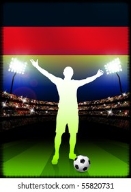 Jugador de fútbol alemán de fondo estadio con bandera Ilustración original