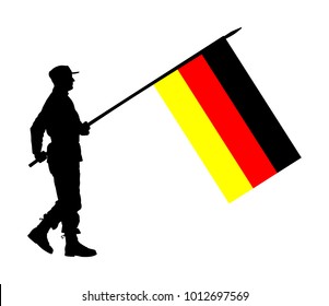 Germany soldier with flag vector silhouette illustration. Ceremonial day of independence. Memorial army saluting, national veteran day. Battle for freedom ceremony. Military walk for German liberty.