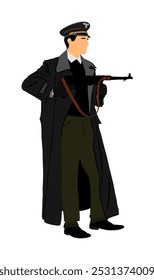 Soldat mit Gewehr schießt auf Feind in der Schlacht, Vektorgrafik einzeln. Besatzungsoffizier im Kampf. Krieger des 2. Weltkriegs im besetzten Europa. Zweiter Weltkrieg. Offizier in Uniform und Militärkappe