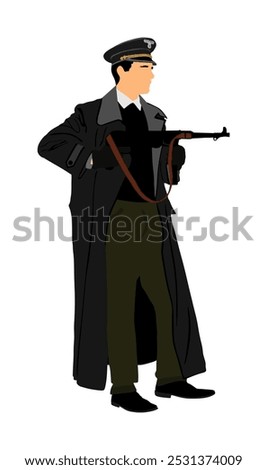 Germany soldier with rifle shoots at enemy in battle vector illustration isolated. Occupier officer in battle. WW2 warrior in occupied Europe. Second World War. Officer in uniform and military cap