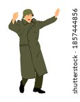 Germany soldier surrender with raised hands in height vector illustration. Occupier officer in battle defeated soldiers surrendering. Occupied Europe warrior arrest. Second World War battlefield.