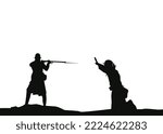Germany soldier surrender with raised hands in kneel vector illustration. Occupier officer in battle defeated soldiers surrendering.