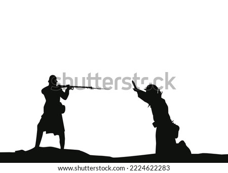 Germany soldier surrender with raised hands in kneel vector illustration. Occupier officer in battle defeated soldiers surrendering.