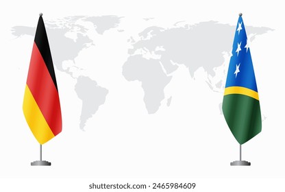 Deutschland und Salomonen Flaggen für offizielles Treffen vor dem Hintergrund der Weltkarte.