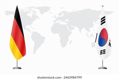 Germany and South Korea flags for official meeting against background of world map.