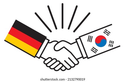 Germany and South Korea, hands with national flags shake hands. Image illustrations of wars, conflicts, alliances, reconciliations, agreements between nations, icons.