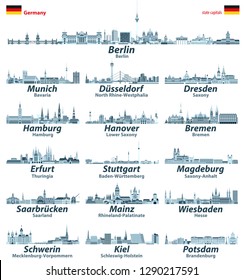 Germany state capitals cities skylines icons in tints of blue color palette. Vector illustrations