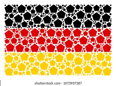 Germany State Flag composition made of filled pentagon icons. Vector filled pentagon items are composed into mosaic German flag pattern.