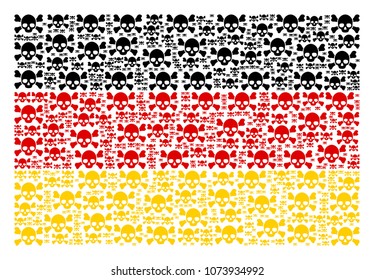 Germany State Flag mosaic combined of skull crossbones icons. Vector skull crossbones design elements are composed into geometric German flag pattern.
