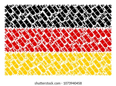 Germany State Flag mosaic constructed of aviation bomb pictograms. Vector aviation bomb items are composed into conceptual German flag pattern.