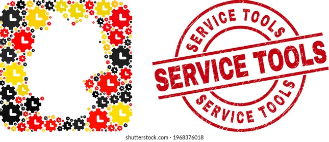 Germany state map collage in Germany flag official colors - red, yellow, black, and distress Service Tools red circle stamp. Service Tools badge uses vector lines and arcs.