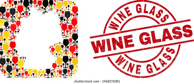 Germany state map collage in Germany flag official colors - red, yellow, black, and distress Wine Glass red circle stamp seal. Wine Glass badge uses vector lines and arcs.
