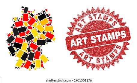 Germany state map mosaic in Germany flag official colors - red, yellow, black, and Art Stamps red rosette seal. Vector filled rectangle design elements are placed into mosaic Germany map mosaic.