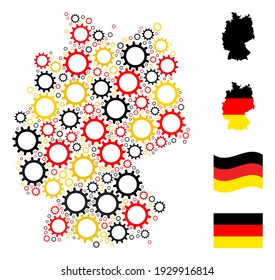 Germany state map mosaic in Germany flag official colors - red, yellow, black. Vector gear elements are grouped into stylized Germany map illustration.